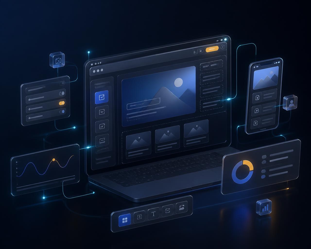 Illustration of a website and mobile app being built on connected interface panels